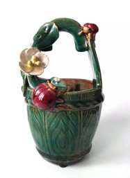 Majolica Pottery Succulent Basket Planter W/flower & Ladybugs