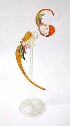 Colorful Spun Glass Parrot Bird On Perch Figurine Hand Blown Glass Bird