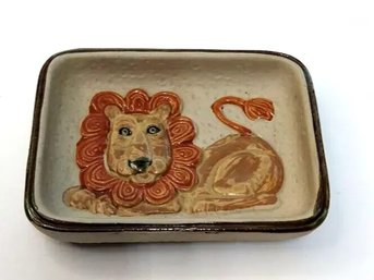 Pottery Trinket Dish With Mid Century Lion Motif