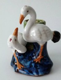 Lucky Bamboo Majolica Cranes Pottery Vase