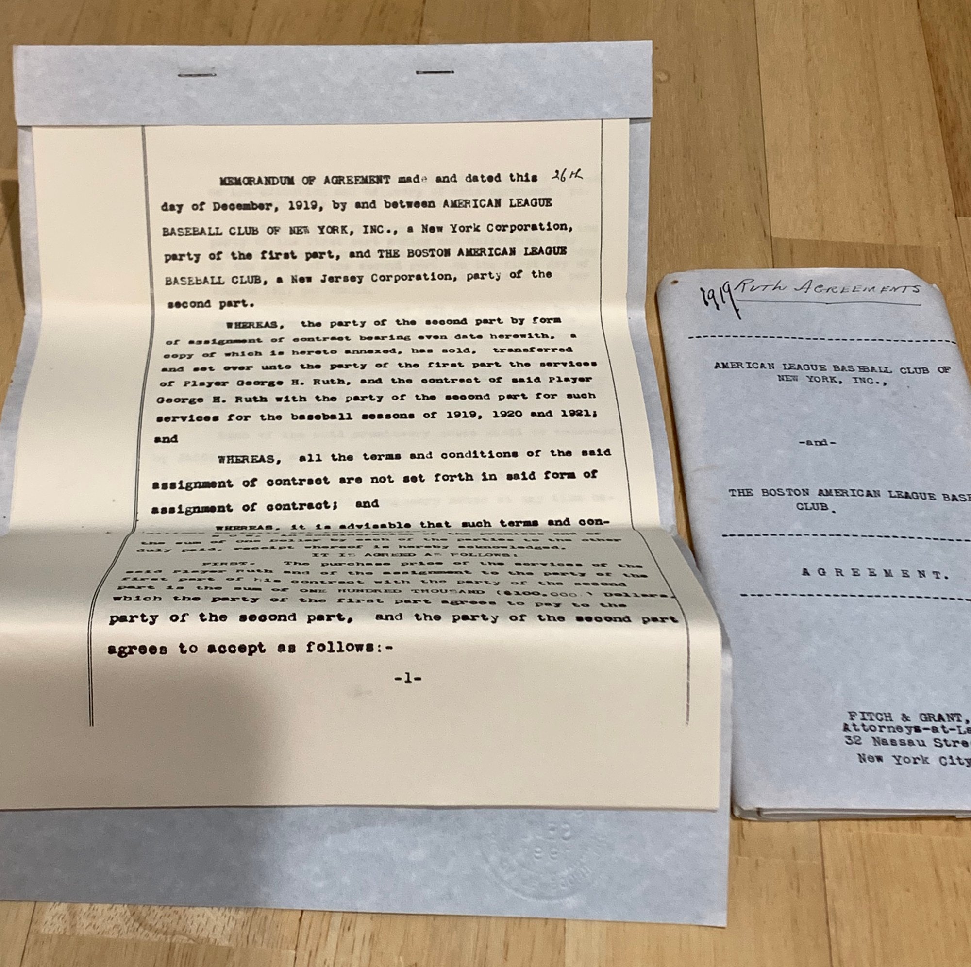 Two Copies Of 1919 Babe Ruth Contract Between American League Baseball ...