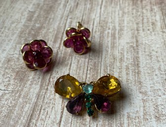 Cute Butterfly Pin With Matching Flower Earrings