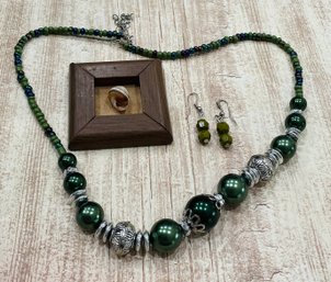 Green Beaded Necklace And Earrings, Plus Small Vintage Framed Seashell