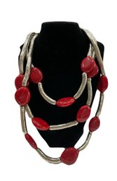 Multilayer Silver And Red Beaded Necklace