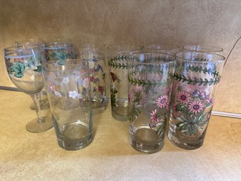 Drinking Glassware Pink Flowers Glass Lot