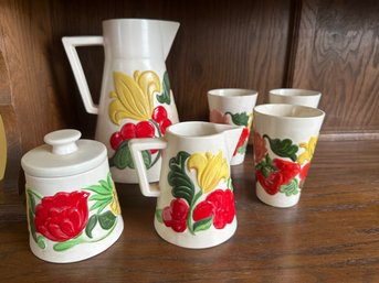 Ceramic Pitcher Bright Flowers Cups Set