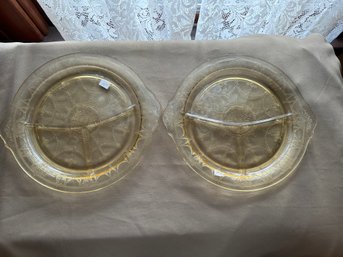 Glass Yellow Dish Divided Plate Depression Lot Of Two