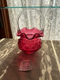 Fenton Cranberry Glass Coin Dot Basket