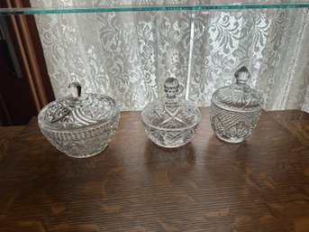 Covered Glass Candy Dish Lot Three Dishes