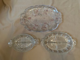 Glass Platter And Relish Dish Lot Serve Ware