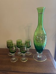 Green Emarald Glass Decanter Gold Trim Drinking Glasses