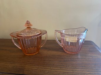 Pink Creamer And Sugar Depression Glass Set