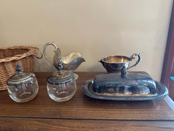 Silver Butter Dish Glass Sugar Dish And Basket