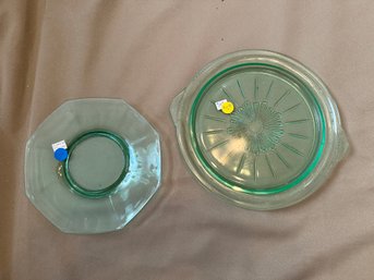 Uranium Glass Dish Lot Of Two Plates Depression