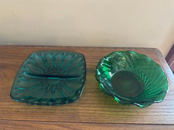 Green And Teal Glass Dish Lot Relish Plate