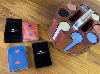 Old New Stock Of Micheal Graves Vintage Poker Chips In Wooden Carrier With Unused Original Cards