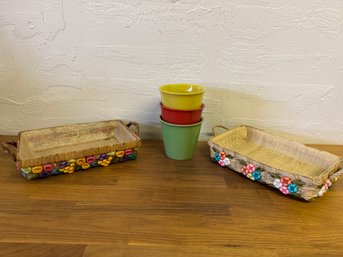 Two Vintage Wicker Casserole Trays And 3 Ceramic Pots