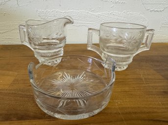Vintage Cut Glass Cream And Sugar Combo With Round Candy Dish Base