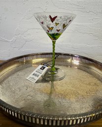 Silver Plated Round Tray With New Decorated And Signed Martini Glass In Original Box