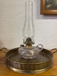 Large Solid Brass Tray Paired With Old Queen Ann Oil Lamp (as Is)