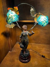 French Art Nouveau Figural Table Lamp With With Floral Glass Shades