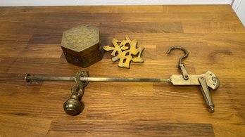Brass Trio Of Trinket Box Hanging Scale And Trivet