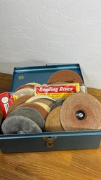 Metal Box Packed Full Of Sanding Disks And 2 Disks For Drill