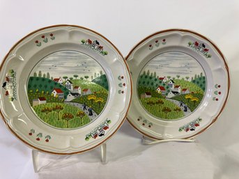 Trio Of Newcore Stoneware Plates Country Village From Japan