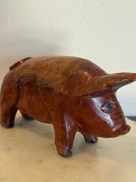Charming Solid Wood Hand Carved  Pig.  9 Long X  5 High