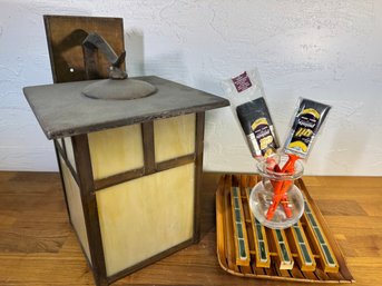 Stained Glass Porchlight And Paintbrushes With Bamboo Tray