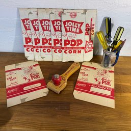 Jar Of Needed Hand Tools And New Old Stock Popcorn Boxes