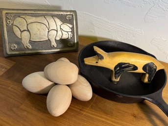Bacon Press With Cast Iron Skillet And Wooden Pig N Eggs