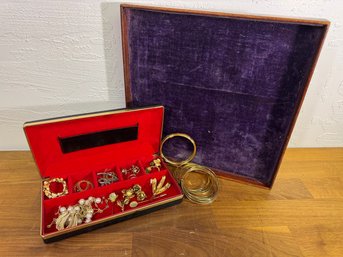 Jewelry Box Filled With Gold Tone Goodies And A Great Wooden Velvet Display Tray