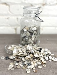 1 QT Vintage Buttons:  MOP, Ivory, Shell Etc.  Ball Jar With Wire & Bail