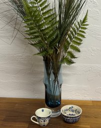 Blue Bamboo Style Glass Vase Little Tea Cup And Littler Bowl