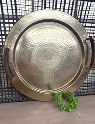 Large Hammered Brass Serving Tray With Wood Handles. 23 Diameter