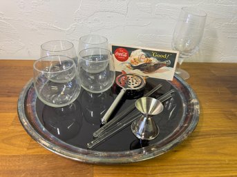 Classic Crescent Silver Rimmed Bar Tray And All You See Including Original Coke Ad