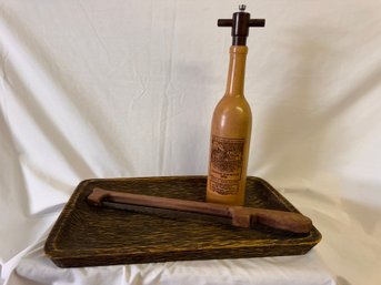 Large Old Thompson Wooden Pepper Grinder With Bread Knife And Wooden Display
