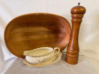 Wooden Pepper Grinder With Nice China Gravy Boat And Basket