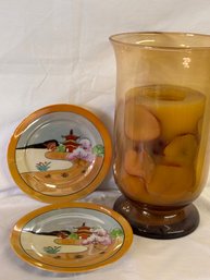 Xtra Large Candle Centerpiece With A Pair Of Lovely Painted Vintage Plates From Japan