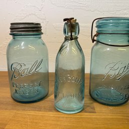 2 Nice Vintage Blue Ball Ball Jars And A Crown & Company Bottle