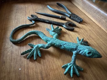 Metal Happy Lizard And Three Old Hand Tools