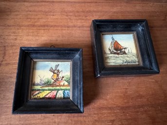 Two Mid Century Little Dutch Tile Painting Original And Signed And A Cute Little Addition