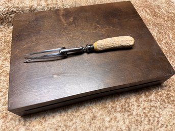 English Stainless Steel Clamping Fork With Antler Handle And Older Silverware Storage Box
