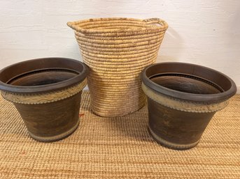 Pair Of Large Matching Composit Pots With Tall Woven Basket