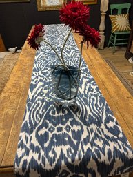 Pottery Barn Runner And Nice Glass Vase With Faux Red Zinnias