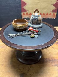 Display Stand With Terracotta Bell Wooden Trinket Bowl And Appetizer Forks