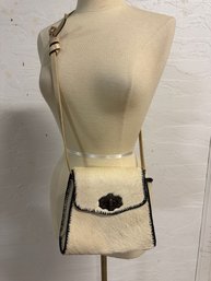 Vintage White Cow Hide Purse With Red Lining And Black Leather Stitching