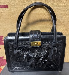 Black Leather Tooled Vintage Mexican Handbag Very Classic And Well Crafted