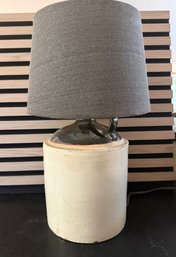 Charming Antique Stoneware Jug, Repurpose Into Table Lamp W/ Gray Shade Approx 7 Diameter X 14 High